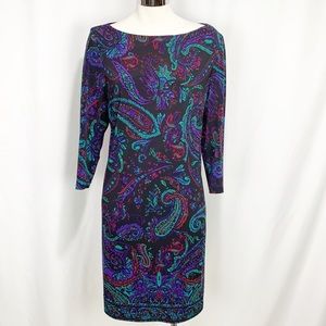 Ralph Lauren Paisley Black Purple Red Teal Shift Dress size 14